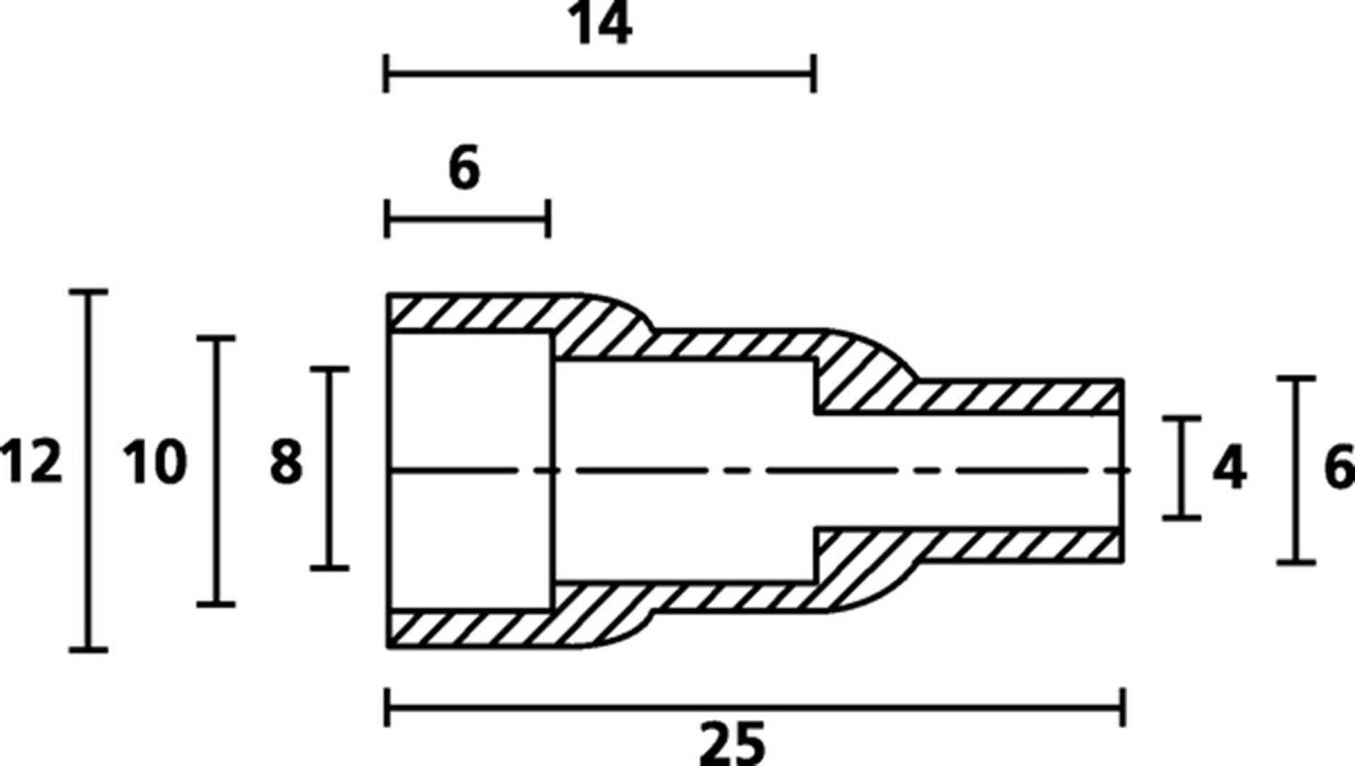 Technische Zeichnung eines zylindrischen Adapters mit Maßen: Gesamtlänge 25, Breite 12, verschiedene Abschnitte 6, 8, 10, 14.