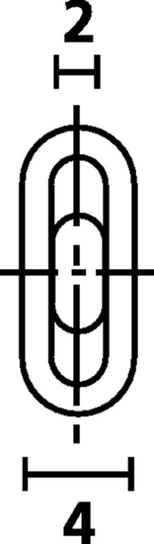 Hakenmaßzeichnung mit zwei vertikalen und horizontalen Maßen: '2' oben, 'H' in der Mitte, '4' unten. Ellipsenform dargestellt.