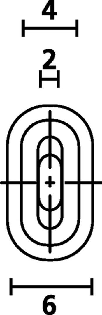 Mechanische Zeichnung eines Schäkels mit Maßen: Höhe 4, Breite 6, Innendurchmesser 2. Zeigt Kreuzlinien und Mittelpunkt.