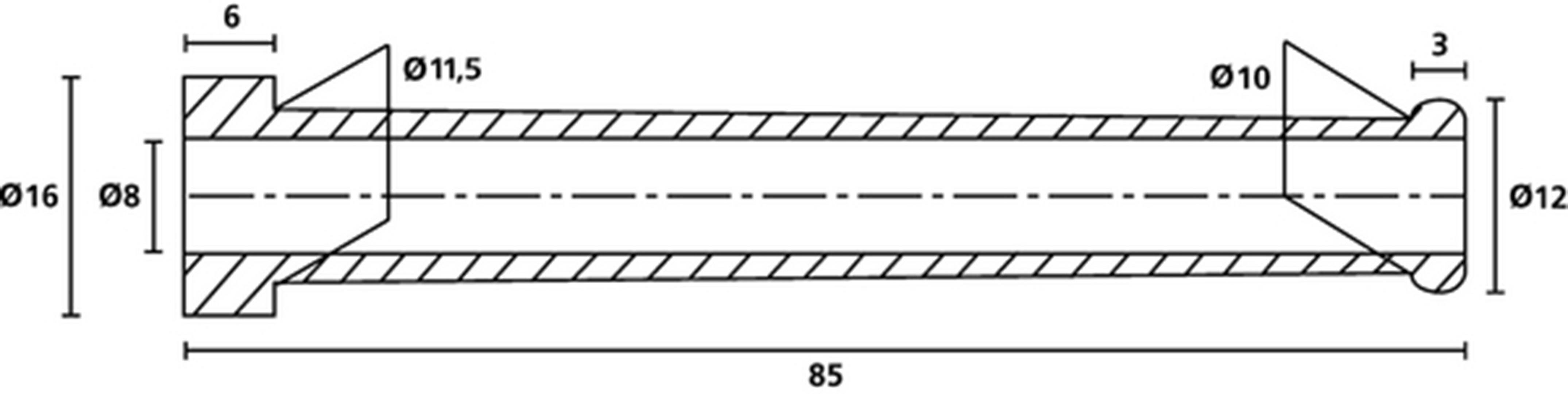 Technische Zeichnung eines zylindrischen Rohrstücks mit Durchmesserangaben: außen 16mm, innen 8mm, Länge 85mm, Enddurchmesser 12mm.