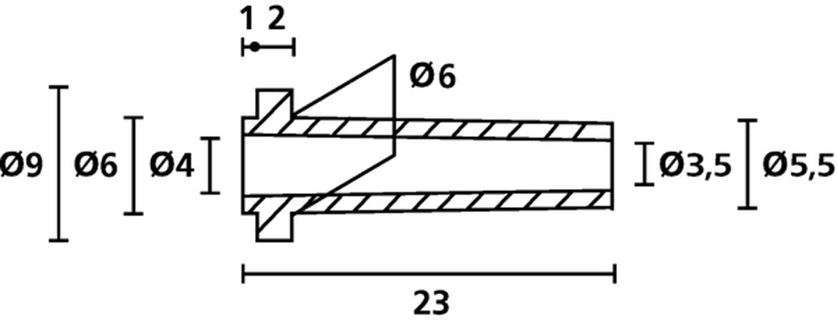 Technische Zeichnung eines Bolzens mit maßen: Gesamtlänge 23 mm, Durchmesser 9 mm, vorderer Durchmesser 6 mm, hinterer Durchmesser 4 mm.