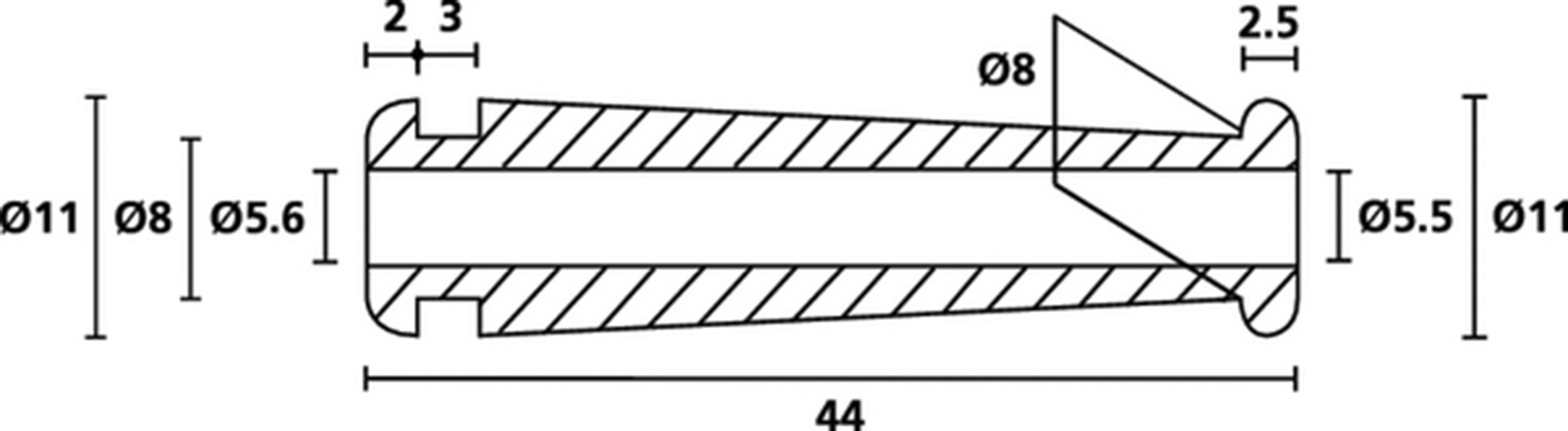 Technische Zeichnung eines konischen Bauteils. Außenmaße: Länge 44 mm, Durchmesser 11 mm. Innenmaße: Innendurchmesser 8 mm, Endstücke 5,5 und 5,6 mm.