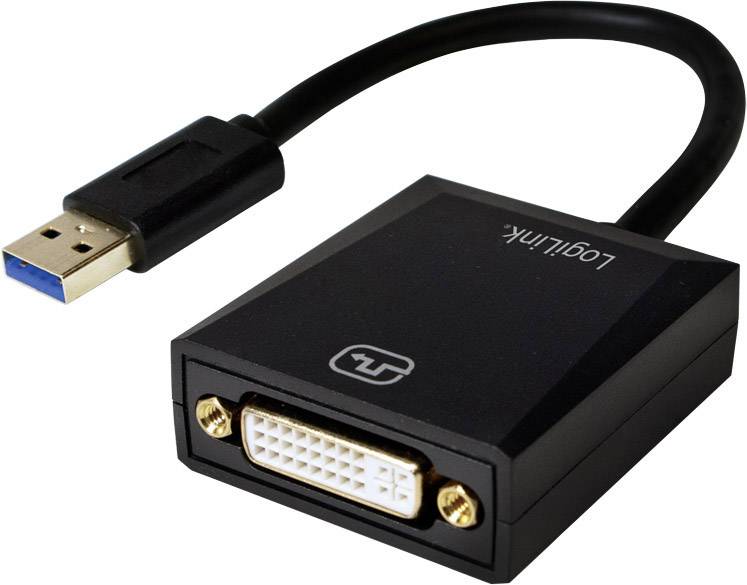 USB-auf-DVI-Adapter in schwarzer Farbe, mit einem USB-Stecker auf der einen und einem DVI-Anschluss auf der anderen Seite, Markenlogo sichtbar.