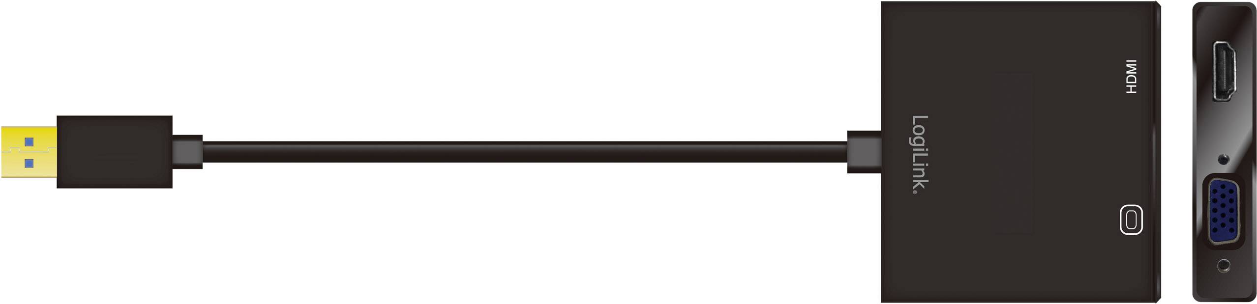 USB auf HDMI und VGA Adapter in Schwarz, zeigt Anschlüsse und Kabelverlauf. Gerät ermöglicht Verbindung von USB zu HDMI- oder VGA-Monitor.