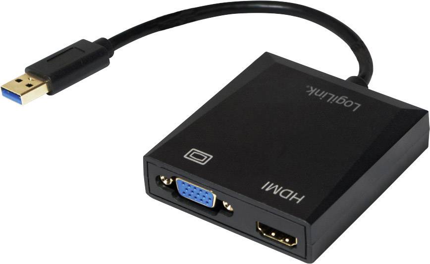 Ein Adapter mit USB-3.0-Stecker und HDMI- sowie VGA-Anschluss, geeignet zur Verbindung von Computern mit Monitoren oder Projektoren.