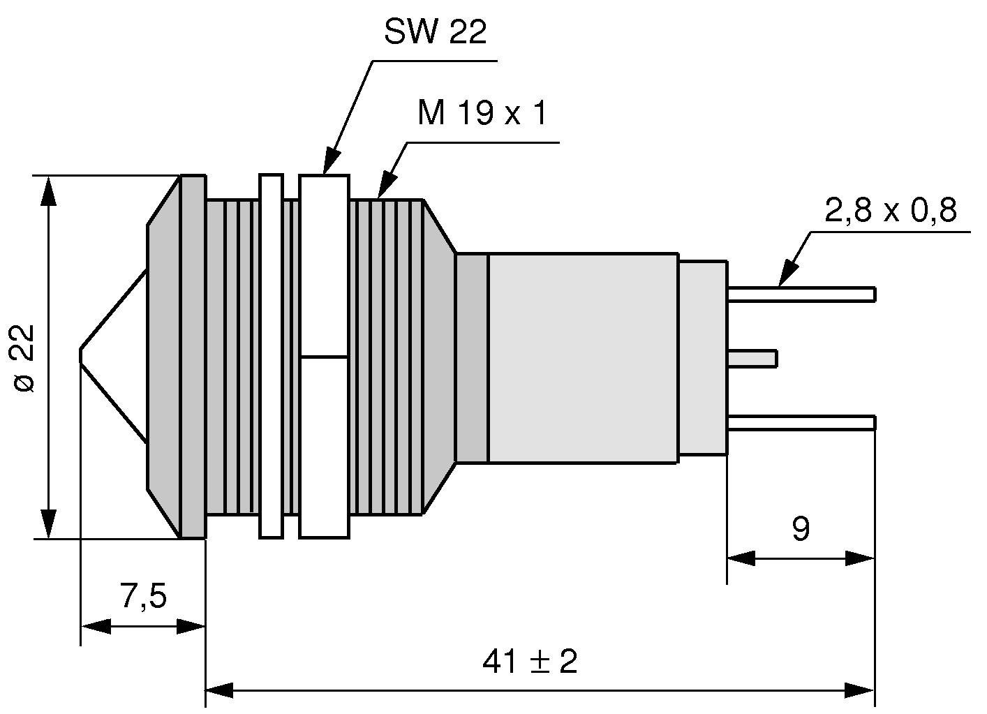 Technische Zeichnung eines zylindrischen Bauteils mit Maßen: Länge 41 ± 2 mm, Durchmesser 22 mm, Gewinde M 19 x 1, Kontakte 2,8 x 0,8 mm.