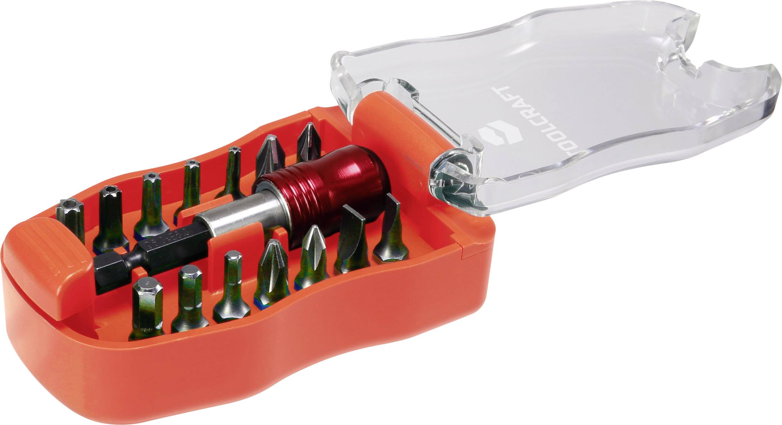 Ein rotes Schraubendreher-Set mit verschiedenen Bits in einer transparenten Plastikverpackung.