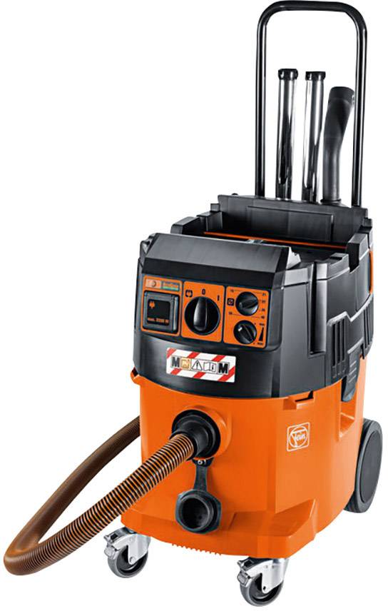 Industriestaubsauger in leuchtendem Orange mit mehreren Schläuchen und Rollen, geeignet für den Einsatz in Werkstätten oder auf Baustellen.