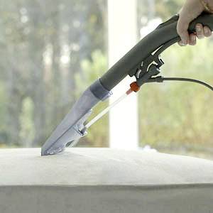 Eine Person reinigt ein Polster mit einem Staubsauger. Das Gerät hat eine durchsichtige Düse, die Wasser sprüht und absaugt.