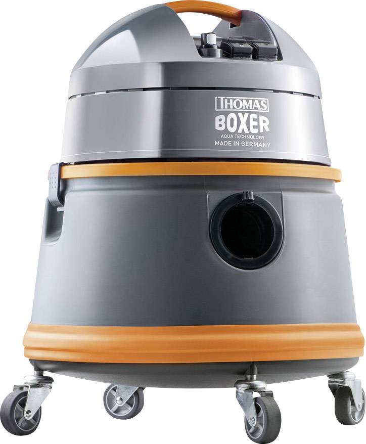 Grau-orangefarbener Staubsauger auf Rollen, Marke 'Thomas Boxer'.