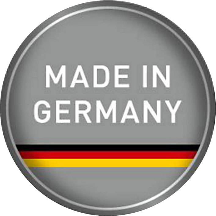 'Made in Germany' steht auf einem grauen Kreis, darunter die deutsche Flagge in Streifenform.
