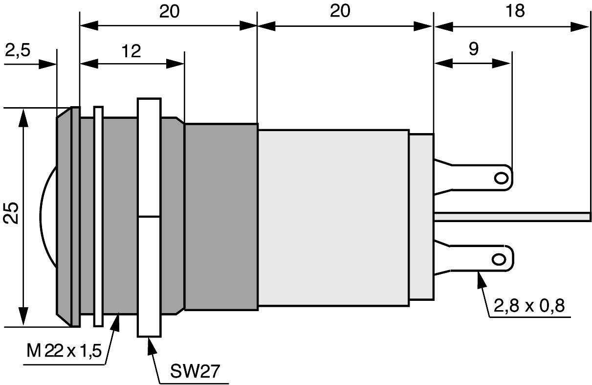 Technische Zeichnung eines runden Schalters mit Maßangaben in Millimetern. Zeigt die Profilansicht und Position der Anschlusskontakte.