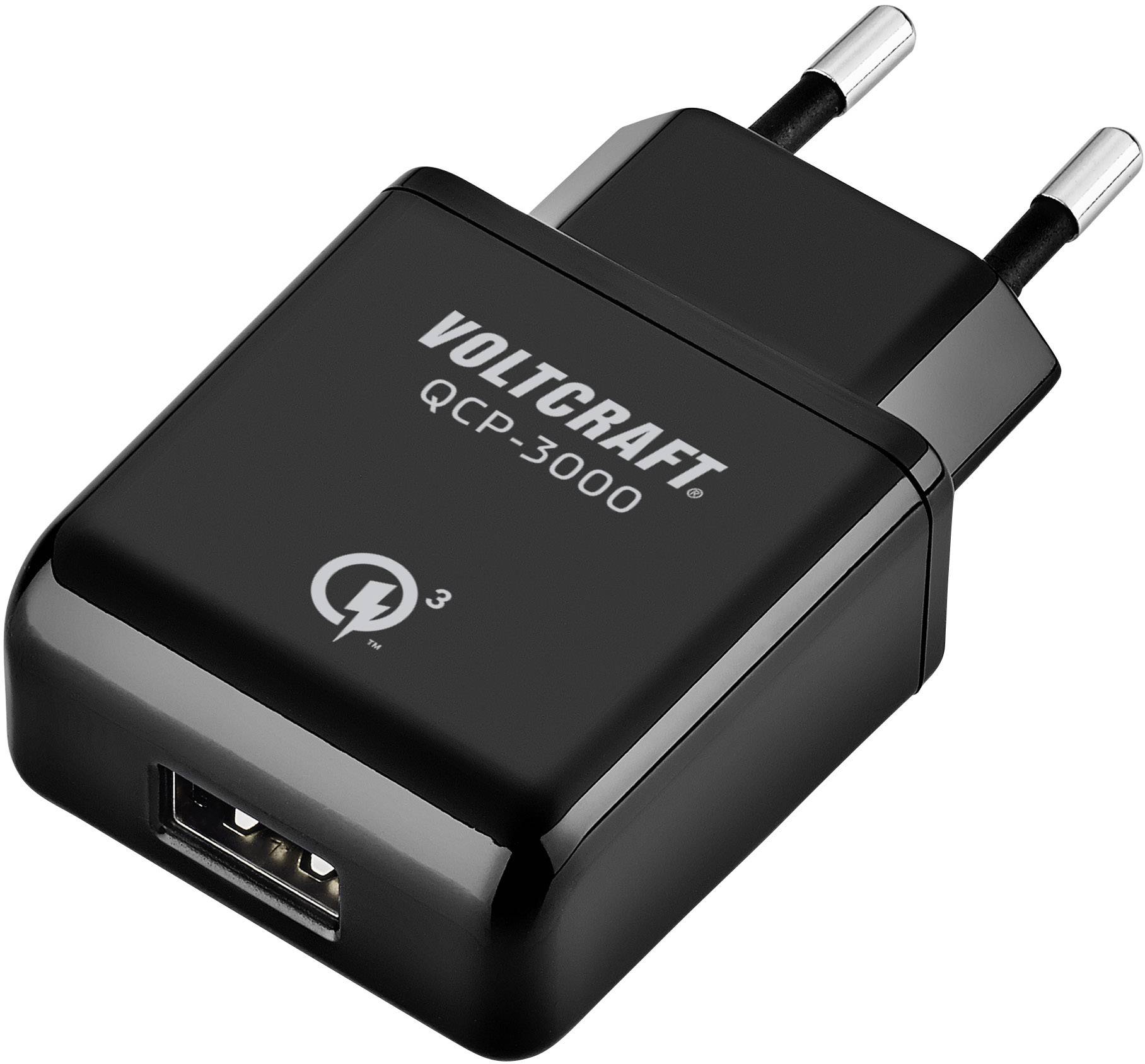 Schwarzes Ladegerät 'VOLTCRAFT QCP-3000' mit USB-Anschluss und europäischem Steckertyp.