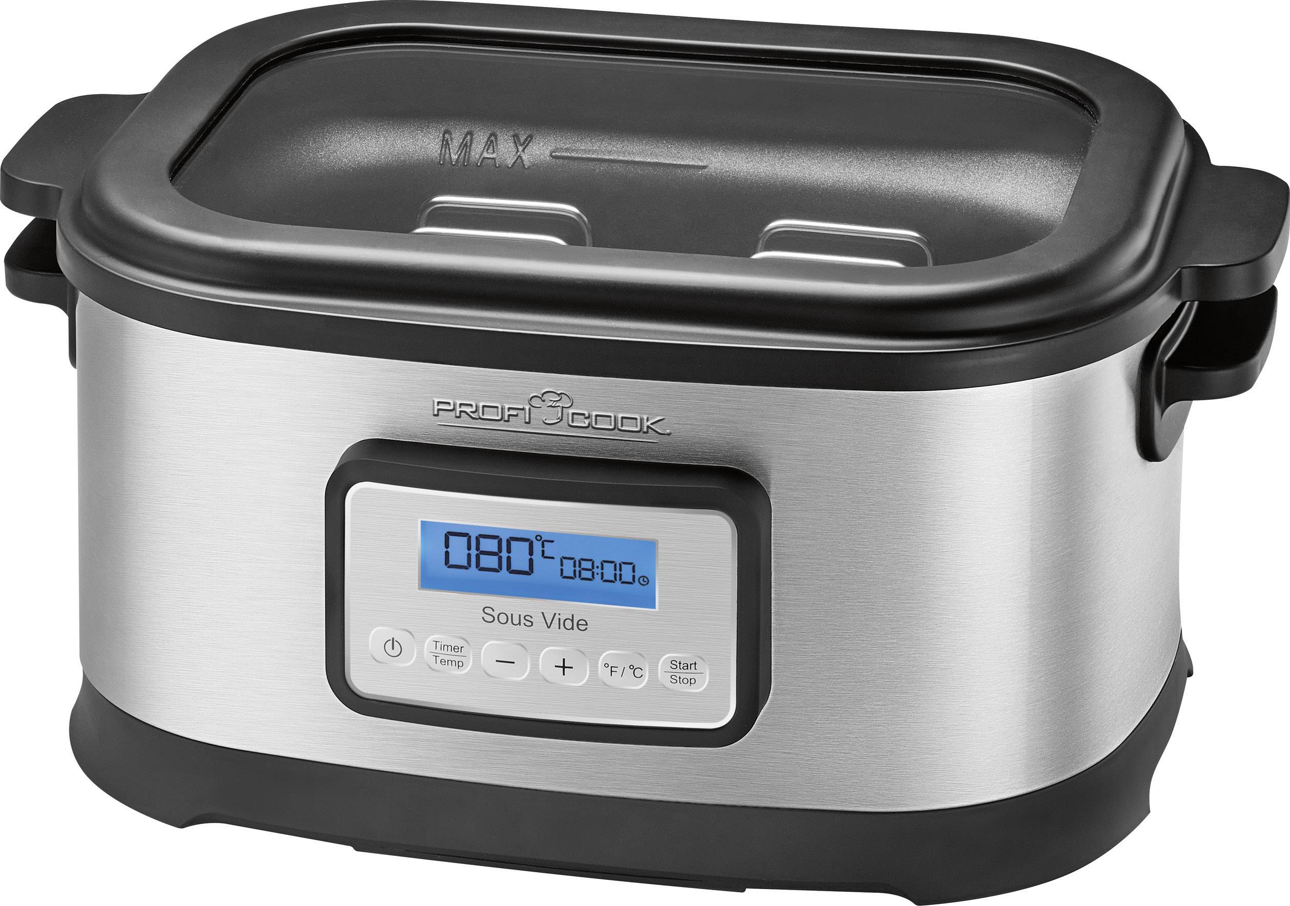 Ein modernes Sous-Vide-Gerät aus Edelstahl mit digitalem Display. Maximalkapazität im Inneren markiert, geeignet für präzises Garen.