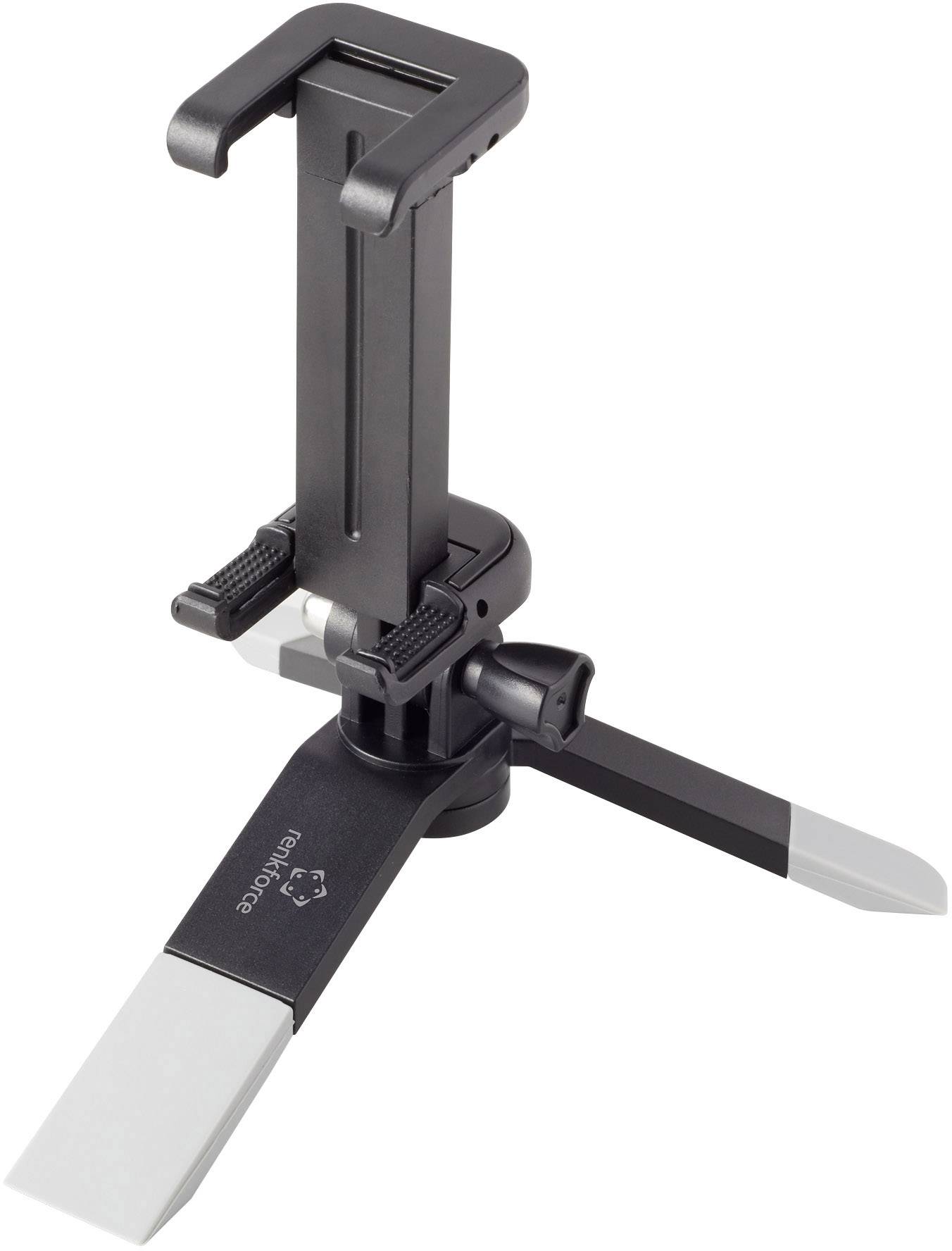 Ein kompakter, zusammenklappbarer Handyhalter mit ausklappbaren Beinen und verstellbarer Halterung zum sicheren Aufstellen von Smartphones.