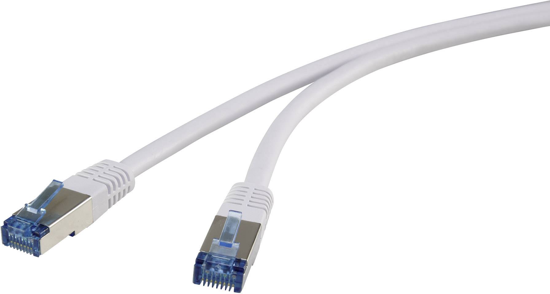 Ein weißes Ethernet-Kabel mit zwei blauen Steckern an den Enden.