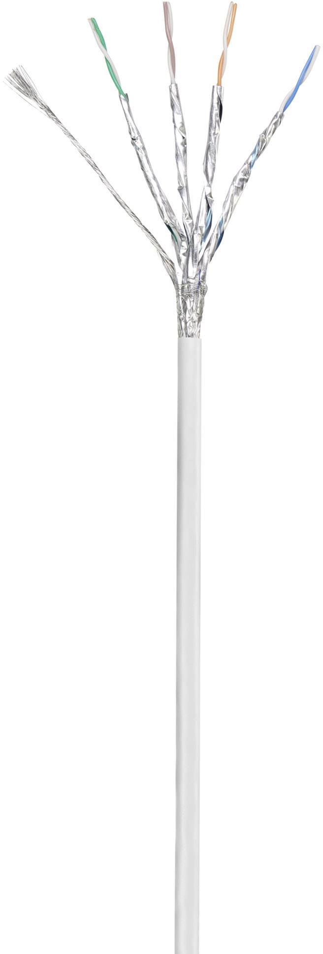Netzwerkkabel mit mehreren farbigen Adern, jeweils mit silberner Abschirmung, sichtbar. Ideal für Datenübertragung.