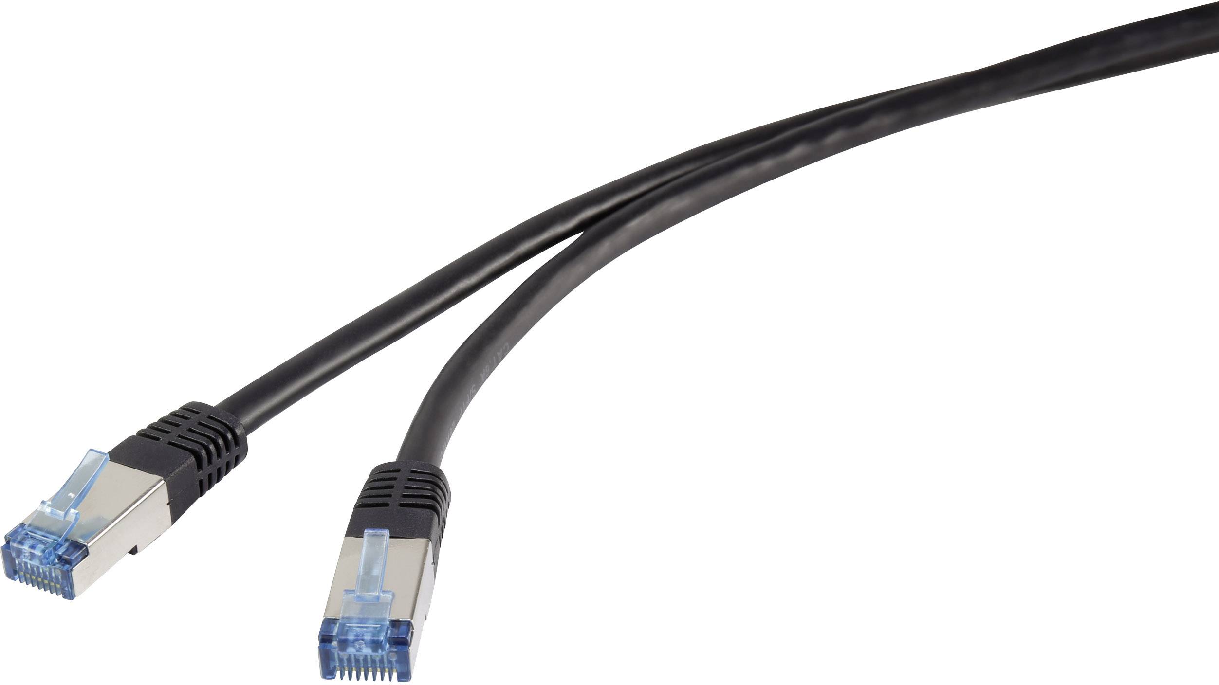 Schwarzes Netzwerkkabel mit zwei RJ45-Steckern, geeignet für Internetverbindungen oder Computernetzwerke.