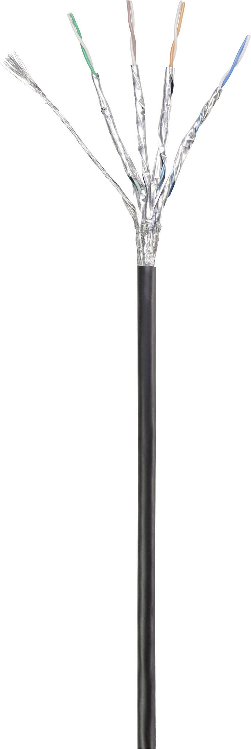 Mehradriges Kabel mit offenliegenden, unterschiedlich farbigen Adern und Geflechtabschirmung, geeignet für Netzwerkverbindungen.