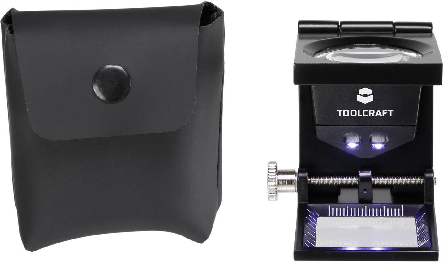 Taschenlupe mit LED-Beleuchtung und Aufbewahrungstasche von Toolcraft. Ideal für detaillierte Betrachtungen und mobile Nutzung.