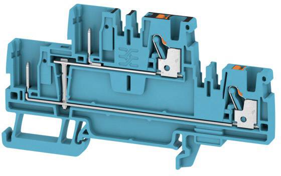 Blauer modularer Klemmenblock, häufig in elektronischen Anwendungen eingesetzt, zeigt interne Leitungen und Metallanschlüsse.