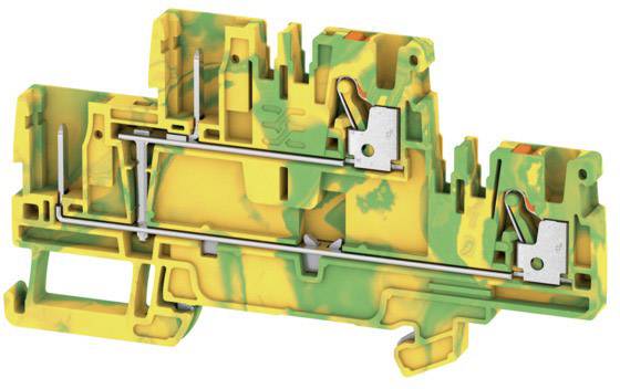Ein gelb-grüner Isolierklemmenblock aus Kunststoff mit zwei Metallklammern, der zum Verbinden von elektrischen Leitungen verwendet wird.