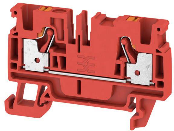 Rote Klemme mit metallischen Kontakten und Halterungen, dient der elektrischen Verbindung in Schaltsystemen.