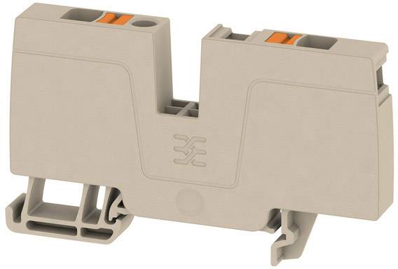 Grauer elektrische Klemmenblock mit zwei Drähten, einer zugehörigen Befestigungsmechanik und zentralem Logo.