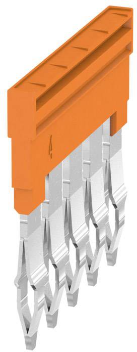 Orangefarbener Kunststoffstecker mit silbernen Metallkontakten, geeignet zur Verwendung in elektrischen Verbindungen.