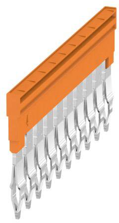 Oranger Kunststoffstecker mit mehreren silbernen, wellenförmigen Metallkontakten, vermutlich für elektrische Verbindungen.