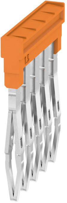 Elektronischer Steckverbinder mit orangefarbenem Gehäuse und fünf silberfarbenen Kontakten. Verwendung in industriellen Anwendungen.
