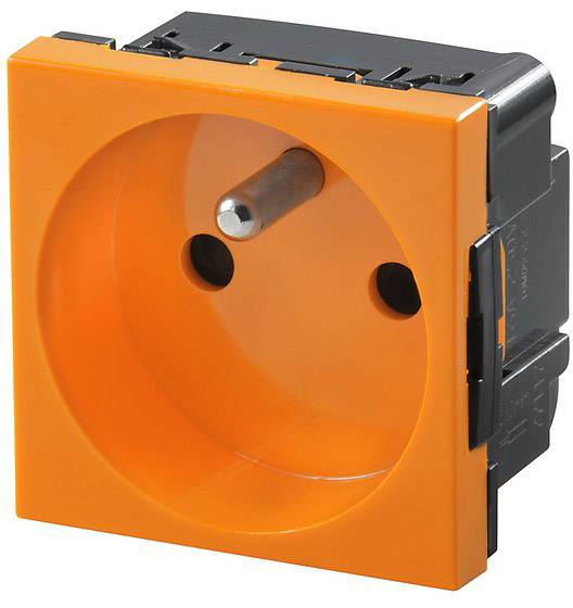 Abgebildet ist eine orangefarbene Steckdose mit zwei Öffnungen und einem Erdungsstift für den Einsatz in elektrischen Installationen.