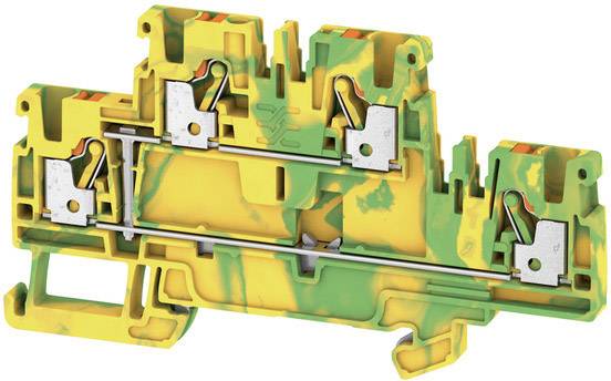 Grün-gelbe Reihenklemme mit Metallschienen, zur sicheren elektrischen Verbindung in Schaltschränken.