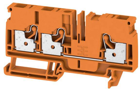 Orangene, modulare Reihenklemme mit zwei Metallkontakten für elektrische Installationen.