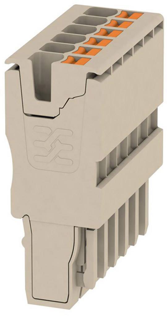 Steckverbinder in beige und orange für industrielle elektrische Verbindungen, mit mehreren Kontakten und einem Markenlogo auf der Seite.