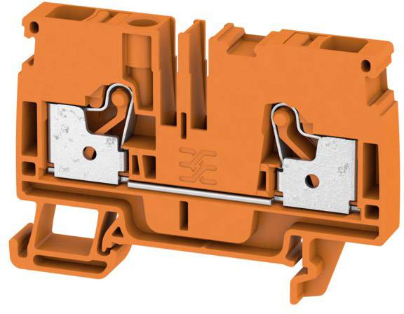 Orange Klemmenblock aus Kunststoff mit metallischen Verbindungselementen, typischerweise für elektrische Anwendungen verwendet.