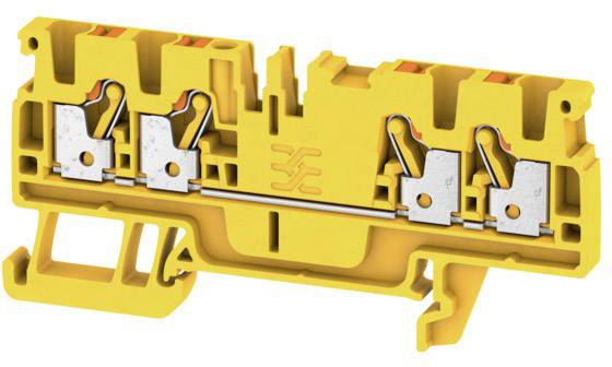 Gelbe elektrische Klemmleiste mit mehreren Anschlussklemmen und Hebelmechanismen, zur Befestigung von Leitungen in Schaltschränken.
