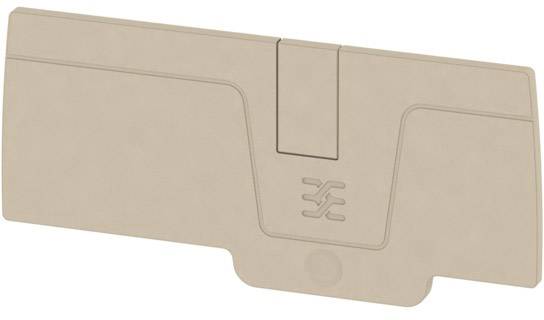 Beiges, rechteckiges Kunststoffteil mit eingeprägtem Logo und Aussparung.