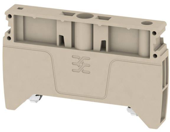 Ein hellgrauer elektrischer Klemmenblock mit zwei Steckplätzen und einer stabilen Kunststoffkonstruktion zur Kabelverbindung.