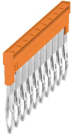 Elektrischer Verbinder mit mehreren metallischen Pins an einer orangefarbenen Basis, geeignet für die Verbindung von elektronischen Komponenten.