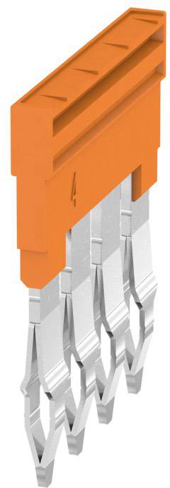 Ein orangefarbener, rechteckiger elektrischer Steckverbinder mit fünf silbernen Pins. Er dient zur Verbindung elektronischer Bauteile.