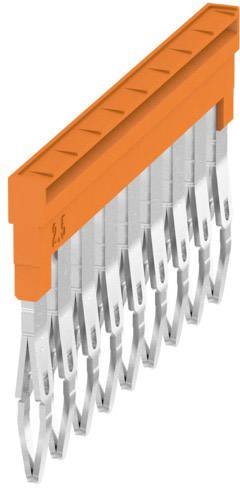 Orangener Steckverbinder mit mehreren silbernen Metallkontakten, geeignet für elektrische Verbindungen bis 2,5 mm Durchmesser.