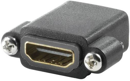 Ein HDMI-Adapter mit einer Buchse und Schrauben auf beiden Seiten. Er ist schwarz mit einem goldfarbenen Anschluss.