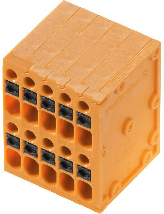 Orange Anschlussklemme mit 16 Ports, jeweils mit schwarzer Kontaktstelle. Rechteckige Form. Weidmüller-Logo auf der Seite.