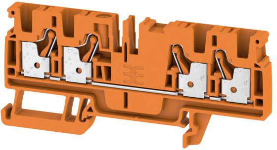 Die Abbildung zeigt eine orangefarbene elektrische Klemme mit mehreren Metallkontakten, geeignet für den Einsatz in elektrischen Schaltschränken.