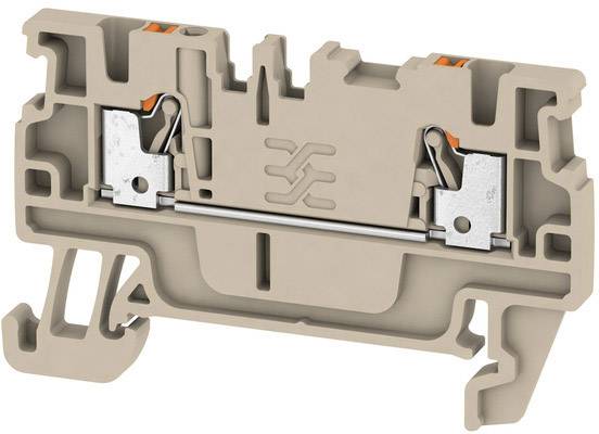 Kunststoffklemme in Beige mit Metalleinsätzen und zwei orangefarbenen Hebeln, verwendet für elektrische Verbindungen in Schaltschränken.