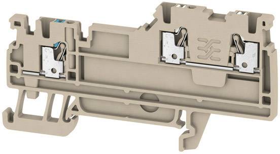 Graues Kunststoffklemmengehäuse mit zwei metallischen Verbindungspunkten, geformt für elektrische Schalttafel-Installation.