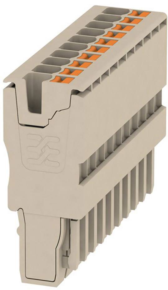Elektrischer Steckverbinder mit mehreren Anschlüssen, beige Gehäuse und orangen Kontaktpunkten. Geeignet für industrielle Anwendungen.