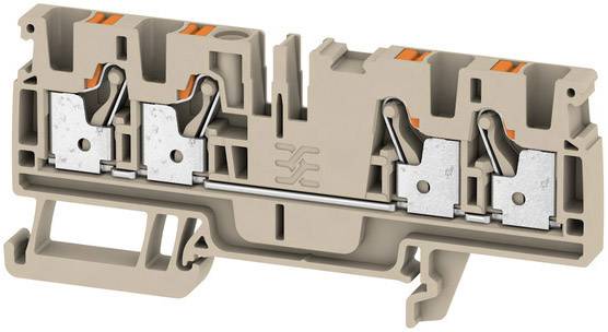 Beige Klemmenblock mit zwei metallenen Kontaktpunkten und Hebeln. Dient zum Verbinden von elektrischen Drähten in Schaltschränken.