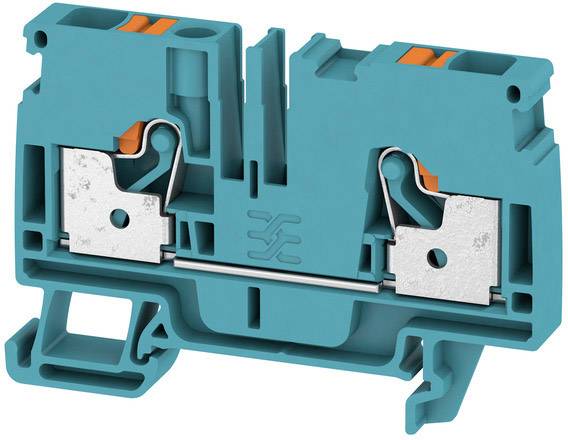 Ein blauer elektrischer Klemmenblock mit orangenen Hebeln, der zum sicheren Verbinden von Kabeln verwendet wird.